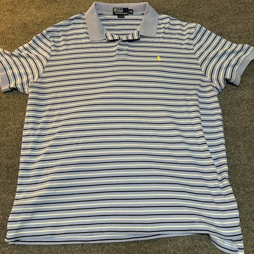 Polo Ralph Lauren Mens Midweight Polo Shirt Blue Striped Yellow Pony XXL Flaw